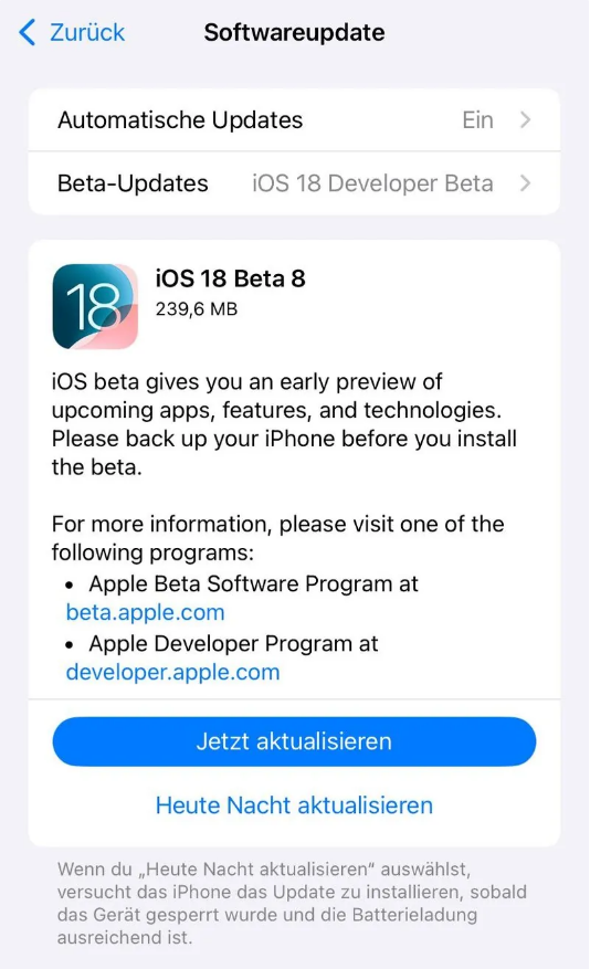 拜城苹果手机维修分享苹果 iOS / iPadOS 18 开发者预览版 Beta 8 发布 